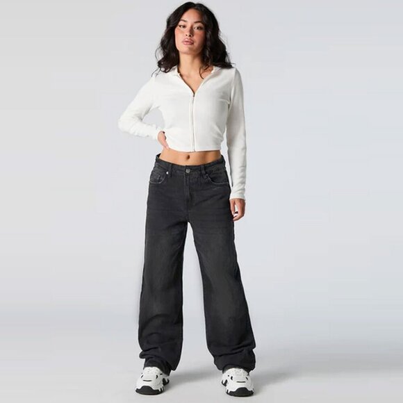 Refuge Wide Leg Jeans High Waist 100% Cotton Denim Faded Black Retro NEW - Picture 1 of 7